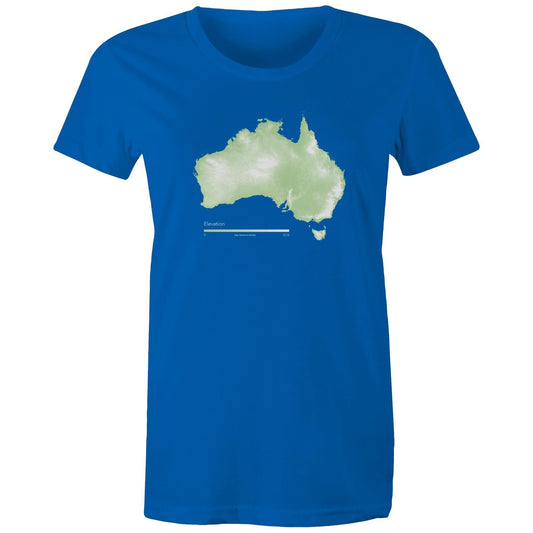 womens bright royal blue tee shirt with green elevation map of Australia