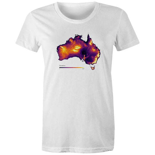 womens bright royal blue tee shirt with bold elevation map of Australia